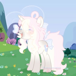 Size: 2000x2000 | Tagged: safe, artist:dreamyveon_, derpibooru import, oc, butterfly, pony, unicorn, bow, flower, hair, horn, mane, open mouth, solo, tail