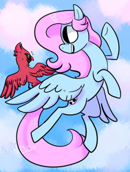 Size: 1024x1351 | Tagged: safe, artist:chandelurres, derpibooru import, oc, bird, pegasus, pony, cloud, female, flying, mare, spread wings, wings