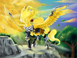 Size: 6061x4581 | Tagged: safe, artist:marrow-pony, derpibooru import, oc, pegasus, pony, absurd file size, absurd resolution, bag, blade, cliff, clothes, cyan eyes, detailed background, determined, forest background, light rays, raised hoof, raised leg, saddle bag, solo, spread wings, standing, weapon, wingblade, wings, yellow coat, yellow mane