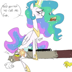 Size: 1024x1024 | Tagged: safe, artist:chandelurres, derpibooru import, discord, princess celestia, alicorn, draconequus, pony, cake, cakelestia, dialogue, eating, food, fork, plate, simple background, sitting, white background