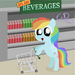 Size: 1081x1081 | Tagged: safe, artist:everydaydashie, derpibooru import, rainbow dash, pegasus, pony, female, groceries, shopping, shopping cart, solo, store