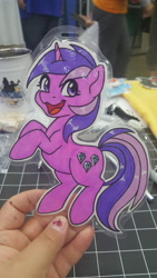 Size: 2988x5312 | Tagged: safe, artist:inkkeystudios, derpibooru import, amethyst star, sparkler, pony, unicorn, :3, badge, happy, looking at you, open mouth, open smile, paper pony, photo, smiling, solo, traditional art