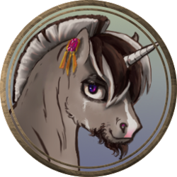 Size: 256x256 | Tagged: safe, artist:saby, derpibooru exclusive, derpibooru import, oc, oc only, oc:plankwalker, pony, unicorn, bust, character token, coat markings, dun, ear piercing, earring, facial hair, facial markings, jewelry, looking at you, male, piercing, pirate, purple eyes, roached mane, roleplay illustration, scarred, smiling, smirk, solo, stallion, stripe (coat marking), the last summer