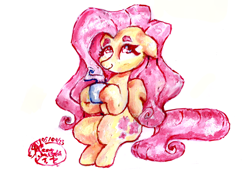 Size: 4498x3072 | Tagged: safe, artist:mannybcadavera, derpibooru import, fluttershy, pegasus, pony, acrylic painting, coffee, coffee mug, female, hoof hold, mare, mug, signature, simple background, sitting, solo, traditional art, white background