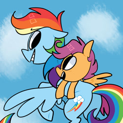 Size: 1024x1024 | Tagged: safe, artist:chandelurres, derpibooru import, rainbow dash, scootaloo, pegasus, pony, cloud, duo, female, filly, flying, foal, mare, scootalove, sky, smiling