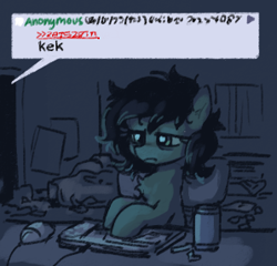 Size: 298x286 | Tagged: safe, artist:plunger, derpibooru import, oc, oc only, oc:anon filly, earth pony, pony, 4chan, bags under eyes, can, chair, chest fluff, computer, computer mouse, drawthread, earth pony oc, female, filly, foal, kek, keyboard, messy mane, sitting, solo