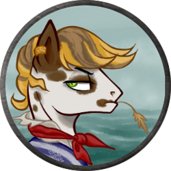 Size: 256x256 | Tagged: safe, artist:saby, derpibooru exclusive, derpibooru import, oc, oc only, oc:peppy prancer, earth pony, brown coat, bust, character token, clothes, coat markings, ear piercing, earring, glare, green eyes, jewelry, male, mouth hold, neckerchief, piercing, pinto, pirate, roleplay illustration, shirt, solo, stallion, straw in mouth, the last summer, white coat, yellow mane