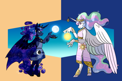 Size: 1280x853 | Tagged: safe, artist:animalstamp, derpibooru import, princess celestia, princess luna, anthro, unguligrade anthro, clothes, duo, female, looking at each other, looking at someone, moon, profile, royal sisters, siblings, sisters, split screen, spread wings, standing, sun, two sides, wings