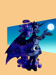 Size: 1280x1704 | Tagged: safe, artist:animalstamp, derpibooru import, part of a set, princess luna, anthro, unguligrade anthro, clothes, female, moon, profile, solo, spread wings, standing, wings