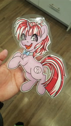 Size: 2988x5312 | Tagged: safe, artist:inkkeystudios, derpibooru import, oc, oc only, pony, unicorn, :3, badge, bowtie, looking at you, open mouth, open smile, photo, smiling, solo, traditional art