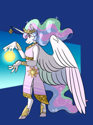 Size: 1280x1710 | Tagged: safe, artist:animalstamp, derpibooru import, part of a set, princess celestia, anthro, unguligrade anthro, clothes, female, profile, solo, spread wings, standing, sun, wings