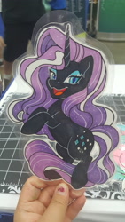 Size: 2988x5312 | Tagged: safe, artist:inkkeystudios, derpibooru import, nightmare rarity, pony, unicorn, badge, eye clipping through hair, lidded eyes, looking at you, open mouth, open smile, photo, smiling, solo, traditional art