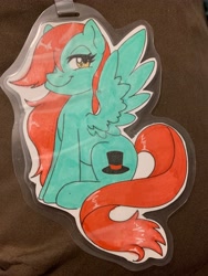 Size: 3024x4032 | Tagged: safe, artist:inkkeystudios, derpibooru import, oc, oc only, pony, badge, hair over one eye, lidded eyes, looking at you, photo, sitting, smiling, solo, spread wings, traditional art, wings