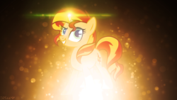 Size: 1920x1080 | Tagged: safe, artist:drakesparkle44, artist:strawberry-pannycake, derpibooru import, edit, sunset shimmer, pony, unicorn, circle, female, glowing, glowing horn, gradient background, horn, lighting, looking at you, mare, smiling, smiling at you, solo, wallpaper, wallpaper edit, watermark