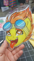 Size: 2988x5312 | Tagged: safe, artist:inkkeystudios, derpibooru import, spitfire, human, pony, ahegao, badge, bust, eyes, eyes rolling back, goggles, goggles on head, heart, heart eyes, irl, irl human, open mouth, open smile, photo, portrait, smiling, solo, teary eyes, tongue, tongue out, traditional art, wingding eyes