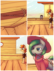 Size: 1242x1642 | Tagged: safe, artist:subjectnumber2394, derpibooru import, oc, oc:copper wings, pegasus, pony, ask, ask copper wings, barrel, boat, clothes, colt, comic, female, foal, hat, male, mare, pier, river, ship, stallion, water, wingless