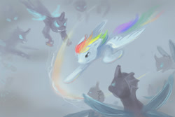 Size: 990x660 | Tagged: safe, artist:elunian, derpibooru import, rainbow dash, changeling, pegasus, pony, drone, female, fight, flying, mare, simple background, speedpaint