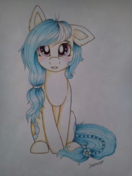 Size: 720x960 | Tagged: safe, artist:dexterisse, derpibooru import, oc, oc only, oc:myosotis, female, mare, one ear down, simple background, solo, traditional art, white background
