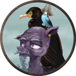 Size: 256x256 | Tagged: safe, artist:saby, derpibooru exclusive, derpibooru import, oc, oc only, oc:triple-peg, bird, pony, bags under eyes, bald, beard, budgie, bust, cataracts, character token, cormorant, ear piercing, earring, ears, facial hair, floppy ears, hat, jewelry, male, moustache, old, pet, piercing, pirate, roleplay illustration, shoulder bird, sitting on person, sitting on pony, skinny, stallion, the last summer, torn ear, wrinkles