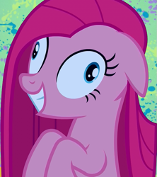 Size: 631x712 | Tagged: safe, derpibooru import, screencap, pinkie pie, earth pony, pony, party of one, season 1, abstract background, cropped, deranged, female, grin, insanity, mare, pinkamena diane pie, slasher smile, smiling, wall eyed