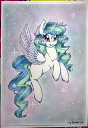 Size: 1024x1485 | Tagged: safe, artist:dexterisse, derpibooru import, oc, oc only, oc:fassane, pegasus, female, mare, pegasus oc, solo, starry background, traditional art