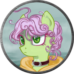 Size: 256x256 | Tagged: safe, artist:saby, derpibooru exclusive, derpibooru import, oc, oc only, oc:rose ribband, pony, bust, character token, choker, curly hair, curly mane, female, green coat, green eyes, hood, pink mane, roleplay illustration, rule 63, serious, the last summer
