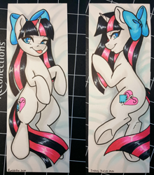 Size: 1662x1890 | Tagged: safe, derpibooru import, oc, oc only, pony, unicorn, body pillow, body pillow design, bow, eyes closed, hair bow, lidded eyes, looking at you, photo, smiling, solo, traditional art, underhoof