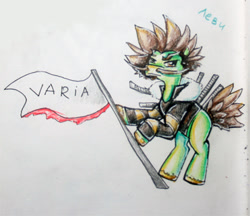 Size: 395x341 | Tagged: safe, artist:elunian, derpibooru import, oc, oc only, oc:levi a than, earth pony, pony, bipedal, clothes, facial hair, flag pole, jacket, moustache, simple background, solo, spiky hair, text, traditional art