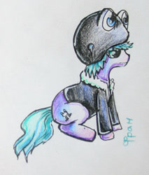 Size: 263x309 | Tagged: safe, artist:elunian, derpibooru import, oc, oc only, oc:fran, earth pony, pony, clothes, hat, jacket, looking offscreen, side view, simple background, sitting, solo, traditional art