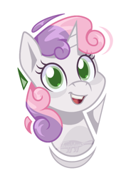 Size: 678x919 | Tagged: safe, artist:imaplatypus, derpibooru import, sweetie belle, pony, unicorn, bust, female, filly, foal, open mouth, open smile, portrait, signature, simple background, smiling, solo, white background