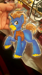 Size: 380x676 | Tagged: safe, artist:inkkeystudios, derpibooru import, oc, oc only, pony, unicorn, badge, clothes, looking at you, photo, raised hoof, raised leg, smiling, solo, traditional art, unshorn fetlocks, vest