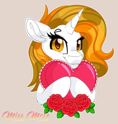 Size: 1200x1268 | Tagged: safe, artist:missbramblemele, derpibooru import, oc, oc only, oc:aurora shinespark, pony, unicorn, commission, female, flower, heart, holiday, horn, looking at you, mare, no source available, rose, signature, simple background, smiling, solo, unicorn oc, valentine's day, ych result