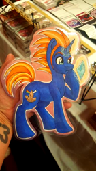 Size: 380x676 | Tagged: safe, artist:inkkeystudios, derpibooru import, oc, oc only, pony, unicorn, badge, eyebrows, glowing, glowing horn, horn, levitation, looking at you, magic, photo, raised eyebrow, smiling, solo, telekinesis, traditional art