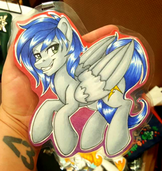 Size: 642x677 | Tagged: safe, artist:inkkeystudios, derpibooru import, oc, oc only, pegasus, pony, badge, grin, lidded eyes, looking at you, photo, smiling, solo, traditional art