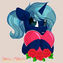 Size: 1200x1200 | Tagged: safe, artist:missbramblemele, derpibooru import, oc, oc only, oc:novus flux, pony, unicorn, female, flower, freckles, heart, holiday, horn, looking at you, mare, no source available, ponytail, rose, signature, simple background, smiling, unicorn oc, valentine's day