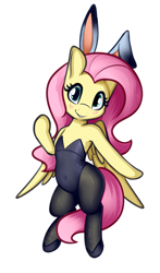 Size: 1249x2131 | Tagged: safe, artist:andelai, derpibooru import, fluttershy, pegasus, semi-anthro, arm hooves, belly button, blushing, bunny suit, bunnyshy, clothes, cute, female, looking at you, mare, shyabetes, simple background, smiling, solo, white background