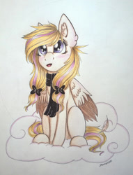 Size: 1024x1342 | Tagged: safe, artist:dexterisse, derpibooru import, oc, oc:dexie, pegasus, cloud, female, mare, pegasus oc, simple background, solo, traditional art, white background