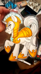 Size: 380x676 | Tagged: safe, artist:inkkeystudios, derpibooru import, oc, oc only, pony, unicorn, armor, badge, eye scar, facial scar, frown, looking at you, photo, raised hoof, raised leg, royal guard, scar, solo, traditional art