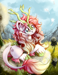 Size: 2741x3489 | Tagged: safe, artist:woonborg, derpibooru import, oc, oc only, oc:dandy lion, kirin, pony, dandelion, horns, kirin oc, lying down, mountain, nature, solo