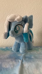 Size: 720x1280 | Tagged: safe, artist:melodisde, derpibooru import, oc, oc:snowdrop, pegasus, pony, blind, bow, commission, female, filly, foal, folded wings, happy, irl, photo, plushie, smiling, solo, standing, wings