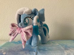 Size: 1280x960 | Tagged: safe, artist:melodisde.snowdrop, derpibooru import, pegasus, pony, blind, bow, commission, female, filly, foal, folded wings, happy, irl, photo, plushie, smiling, solo, standing, wings