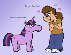 Size: 1134x878 | Tagged: safe, artist:cookie-lovey, derpibooru import, twilight sparkle, unicorn twilight, human, pony, unicorn, 2011, artist insert, author insert, clothes, crying, denim, dialogue, duo, duo female, female, floating heart, hands together, heart, height difference, jeans, looking at each other, looking at someone, mare, pants, purple background, shirt, shoes, simple background, sneakers, style emulation, talking to viewer, tears of joy, the fairly oddparents