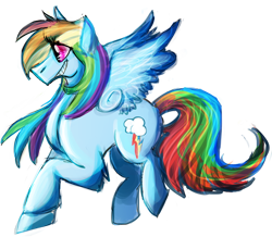 Size: 700x609 | Tagged: safe, artist:dokuyuu, derpibooru import, rainbow dash, pegasus, pony, female, looking offscreen, mare, raised hoof, raised leg, simple background, smiling, smirk, solo, spread wings, transparent background, wings