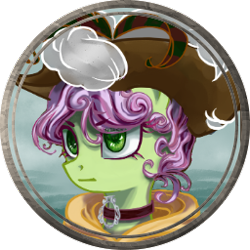 Size: 256x256 | Tagged: safe, artist:saby, derpibooru exclusive, derpibooru import, oc, oc only, oc:rose ribband, pony, bust, character token, choker, female, hat, hood, roleplay illustration, rule 63, serious, the last summer