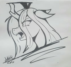 Size: 1280x1198 | Tagged: safe, artist:jovalic, derpibooru import, queen chrysalis, angry, fangs, female, sketch, traditional art