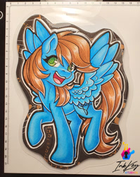 Size: 920x1156 | Tagged: safe, artist:inkkeystudios, derpibooru import, oc, oc only, pegasus, pony, badge, eye clipping through hair, looking at you, open mouth, open smile, photo, smiling, solo, spread wings, traditional art, wings