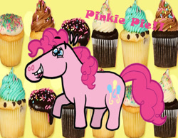 Size: 1134x878 | Tagged: safe, artist:cookie-lovey, derpibooru import, pinkie pie, earth pony, pony, 2011, cupcake, food, happy, open mouth, open smile, raised hoof, raised leg, real life background, simple background, smiling, solo, style emulation, that pony sure does love cupcakes, the fairly oddparents, yellow background