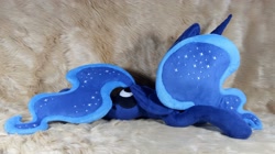 Size: 4096x2289 | Tagged: safe, artist:doctorkoda, derpibooru import, princess luna, alicorn, commission, female, folded wings, horn, irl, lying down, mare, peytral, photo, plushie, prone, solo, wings