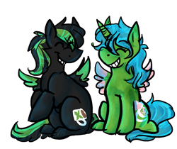 Size: 600x505 | Tagged: safe, derpibooru import, oc, oc only, alicorn, pegasus, aritst:dokuyuu, colored wings, commission, duo, eyes closed, facing each other, multicolored hair, multicolored wings, smiling, wings