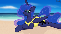 Size: 1920x1080 | Tagged: safe, artist:eklipsethepony, derpibooru import, princess luna, alicorn, pony, beach, clothes, female, lying down, mare, ocea, solo, swimsuit